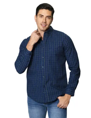 Camisas Para Hombre De Manga Larga Con Estampado De Cuadros Dos Tonos Cuello Americano Regular Fit B41218 Azul