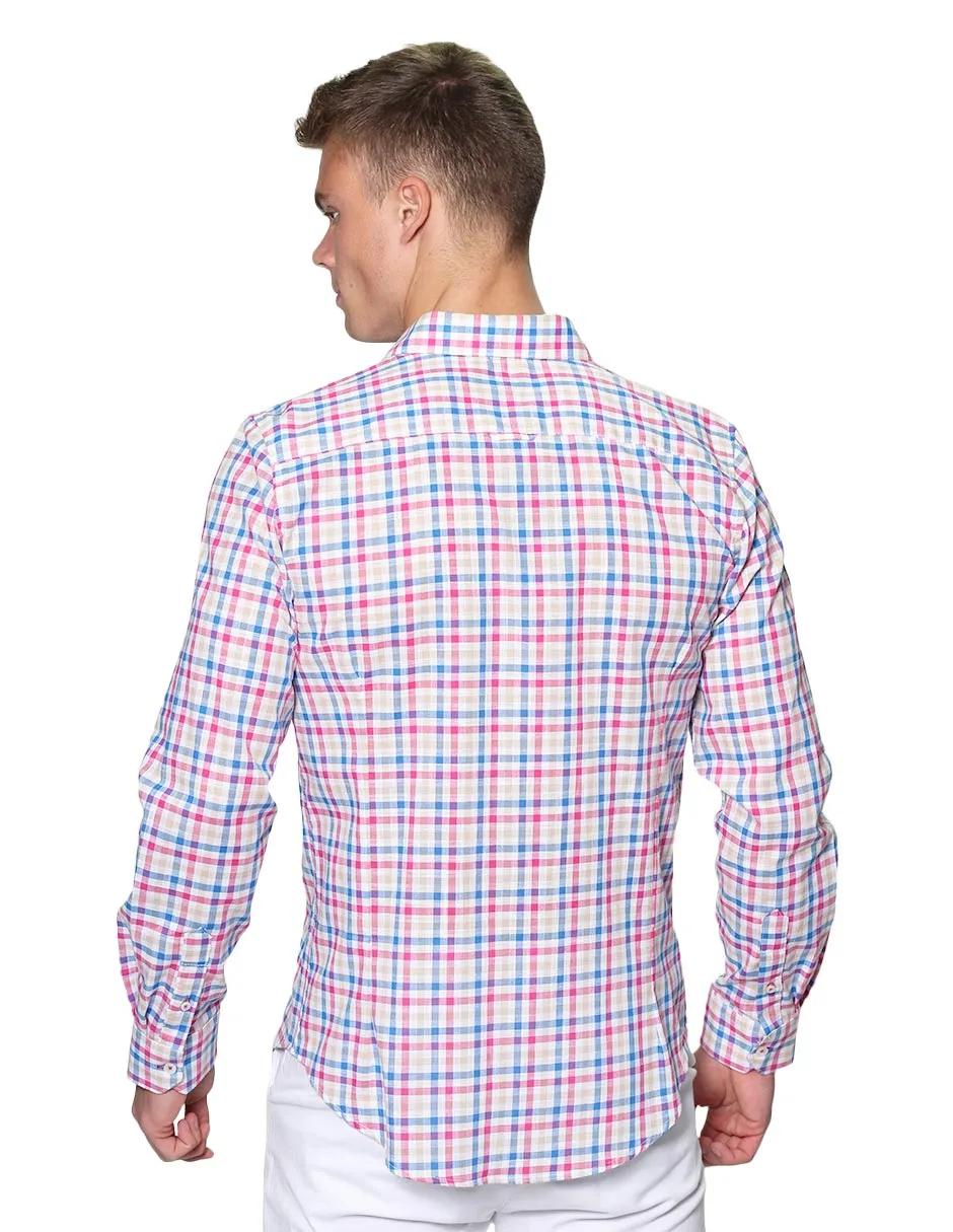 Camisas Para Hombre Manga Larga Cuadros Tipo Lino Slim Fit B31304 Rosa