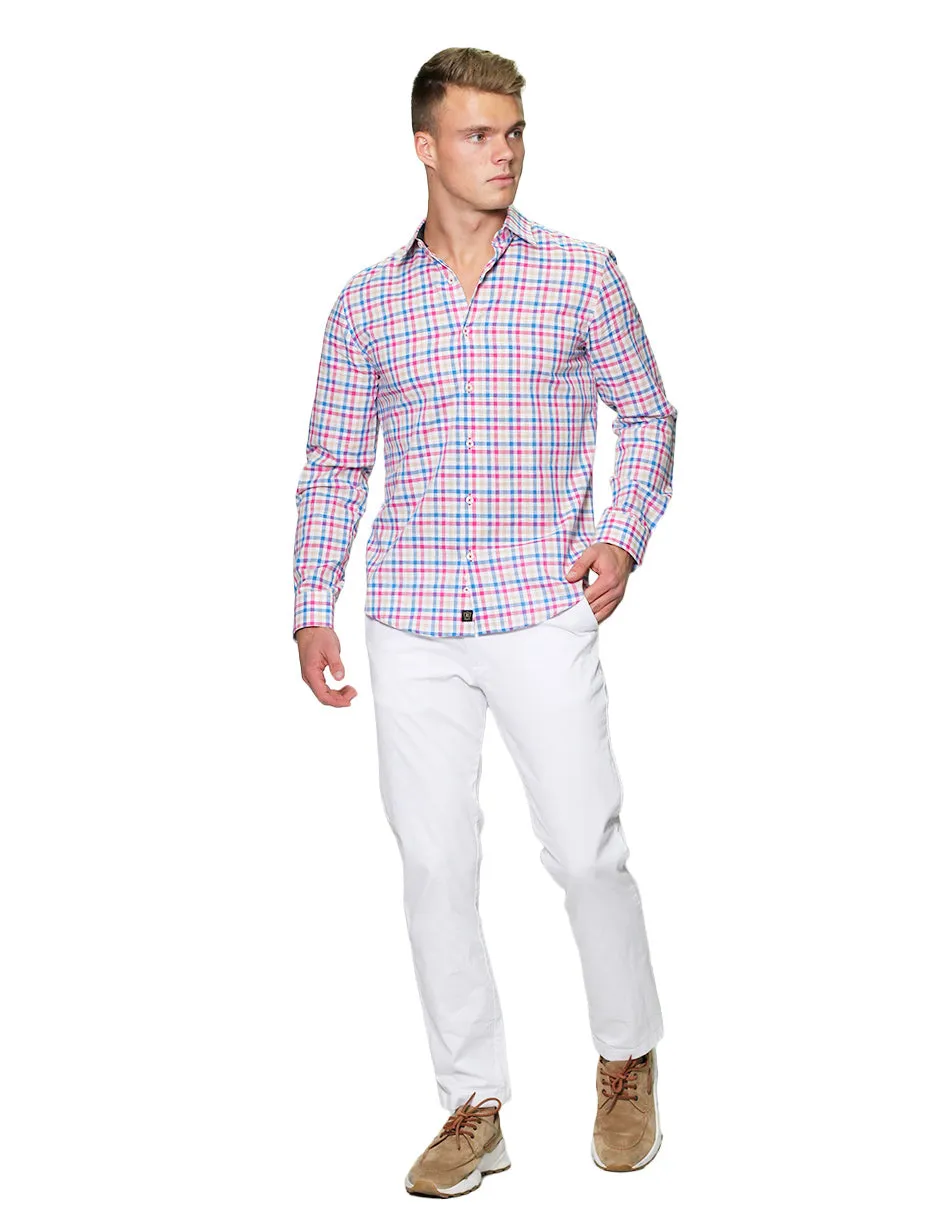 Camisas Para Hombre Manga Larga Cuadros Tipo Lino Slim Fit B31304 Rosa