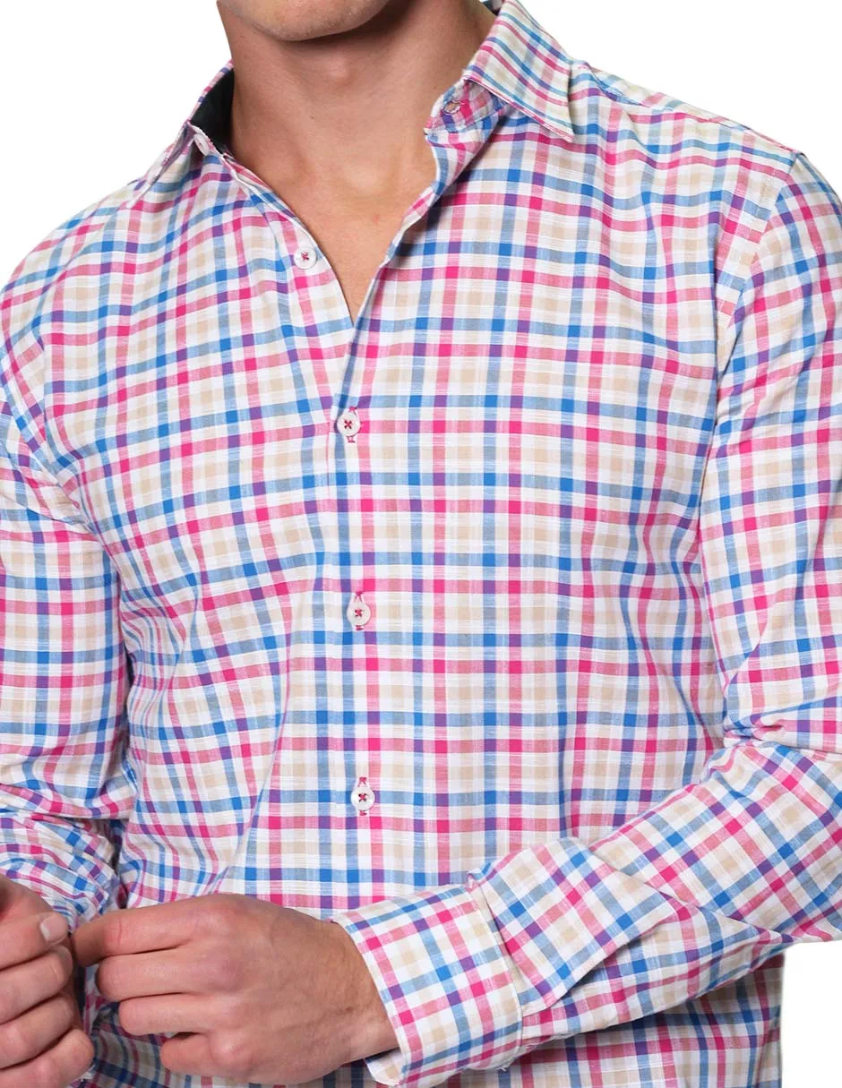 Camisas Para Hombre Manga Larga Cuadros Tipo Lino Slim Fit B31304 Rosa