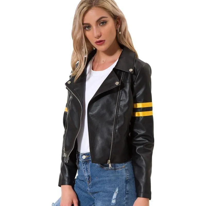 Chaqueta Corta Moderna Negra con Detalles Amarillos Mujer Dama Otoño Invierno Cuero Sintetico
