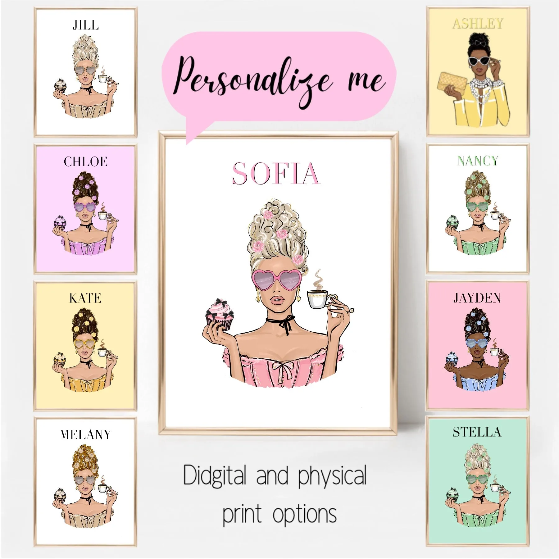 Marie Antoinette inspired Personalized fashion girl portrait art print