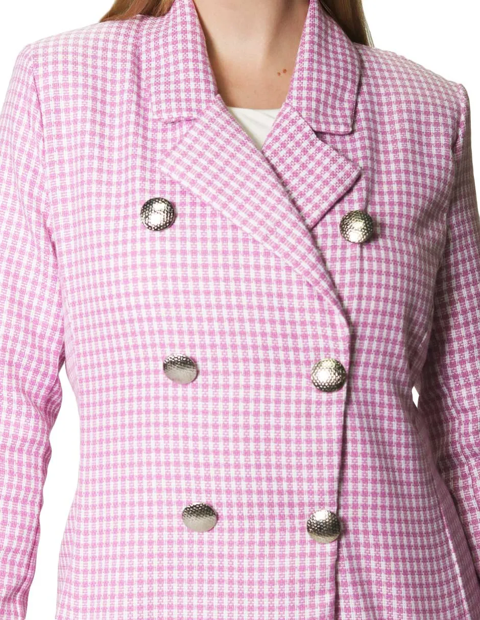 Sacos Para Mujer Midi Largo De Seis Botones Con Estampado de Cuadros T41101 Rosa