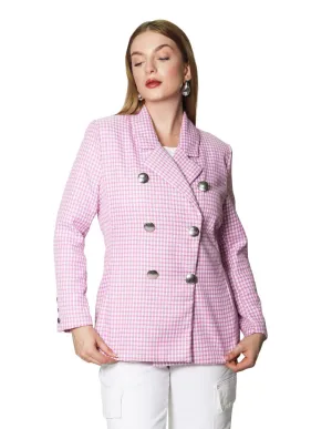 Sacos Para Mujer Midi Largo De Seis Botones Con Estampado de Cuadros T41101 Rosa