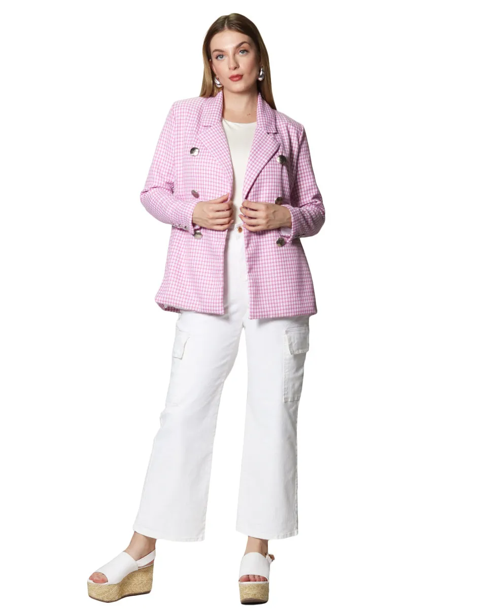 Sacos Para Mujer Midi Largo De Seis Botones Con Estampado de Cuadros T41101 Rosa